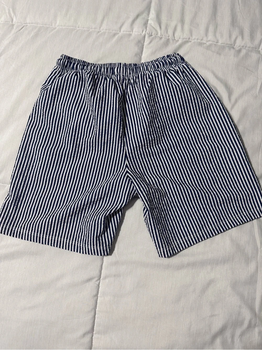 Navy and White Striped Elastic Waist Shorts